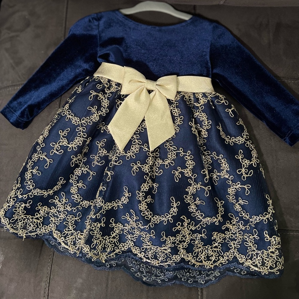 Navy blue velvet dress with gold Appliqué